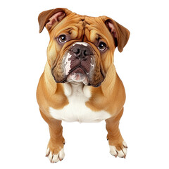Obraz premium Adorable English Bulldog puppy with a wrinkled face and expressive eyes sitting on a white background, pet, cute, furry dog for veterinary, pet care, and animal lovers
