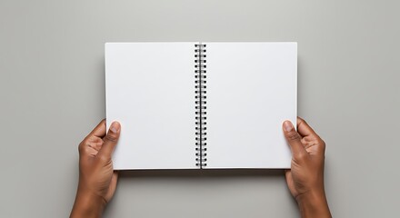 Dark-Skinned Hands Holding Open Blank Spiral Notebook Against Neutral Gray Backdrop, Ready for Note-Taking, Creative Design, or Product Mockup, Clean Aesthetic