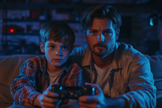 Father and son immersed in competitive video gaming on the couch, controllers in hand, laughter and excitement evident on their faces.