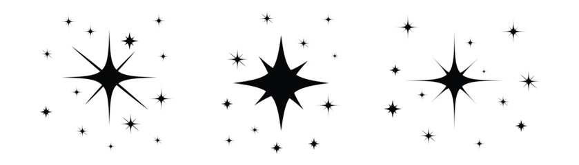 Fototapeta premium Twinkle star glittery sparkle icon set. Star icon collection. Black silhouettes, shining lights, magic glint and sparks of bright glowing rays and flare effect. Vector illustration.