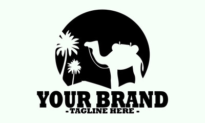 Black silhouette of a camel with a saddle standing in a desert oasis with palm trees. Line art illustration of camel, Arabian camel vector icon, camel logo design template, vintage camel vector
