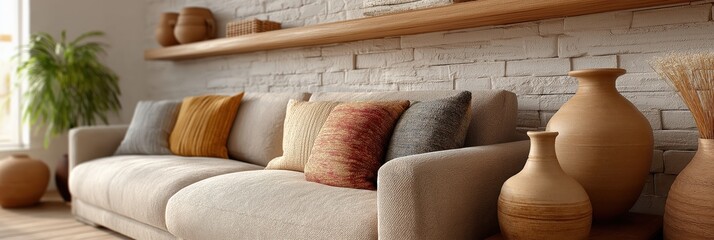An inviting space featuring a comfortable sofa adorned with cushions, ceramic vases, and natural elements, creating a warm and stylish ambiance for relaxation at home.