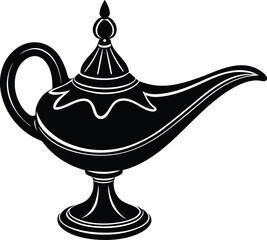 Magic Wishes in a Lamp | Aladdin Silhouette Black Vector for Mystical and Fantasy Design
