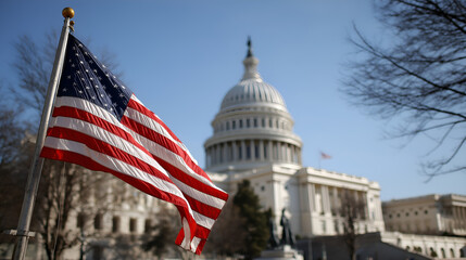 US Capitol and Flag: An image of the United States Capitol Building, with an American flag waving proudly in the foreground, symbolizing the core of American democracy.