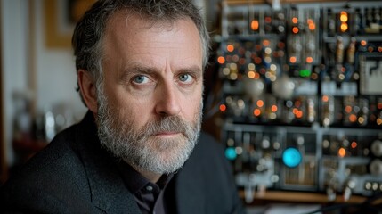Fototapeta premium Man with beard and suit in front of complex electronic instrument panel