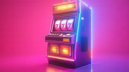Retro slot machine illuminated with vibrant neon lights.