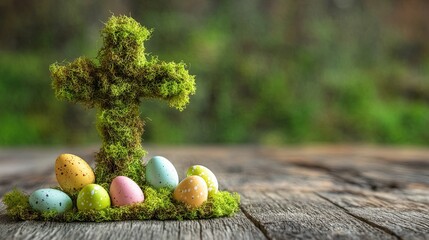Cross made of moss with Easter eggs at the base on wooden table .
