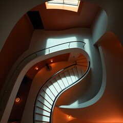 Obraz premium minimalist interior, curved staircase, architectural photography, marble steps, interior design, light and 