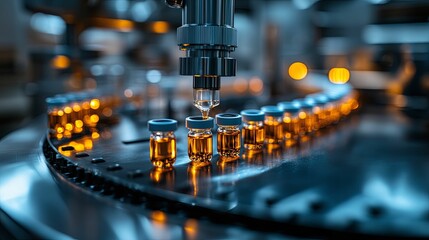 Automated pharmaceutical production line filling vials with liquid medication.