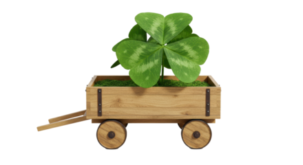 Isolated Clover Plant in Wooden Cart Symbol of Luck