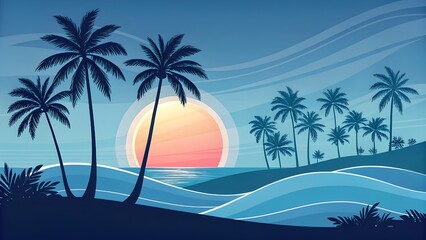 Obraz premium Abstract tropical illustration with stylized palms, orange-yellow sunrise and glowing rays, two-tone blue shoreline curves, smooth minimal shapes and lines, 8K high-definition