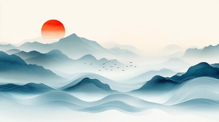Abstract panoramic landscape with blue mountains, flying birds and warm sun