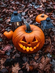 A Glowing Jack o' lantern Smiles Amidst Autumn Leaves of excellence in splendor beyond compare