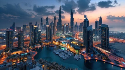 Fototapeta premium Stunning cityscape at twilight high rise buildings waterfront