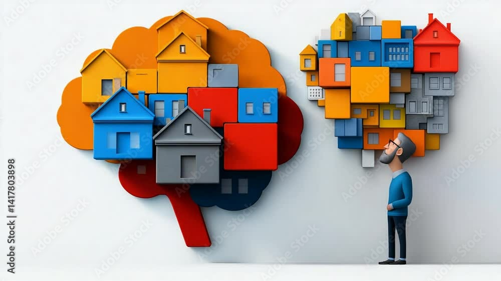 Poster creative concept of man thinking about home design with colorful 3d house structures in the backgrou