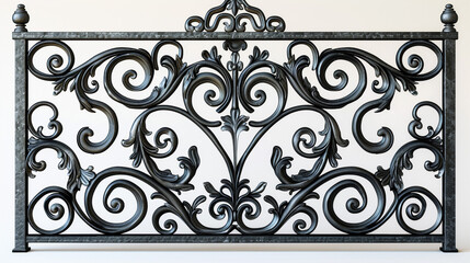 A large black forged gate with intricate decorative latticework, featuring swirling floral patterns and symmetrical scrolls, isolated on a white background. 