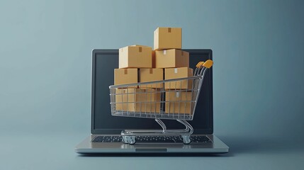 Online shopping cart filled with cardboard boxes on a laptop screen.