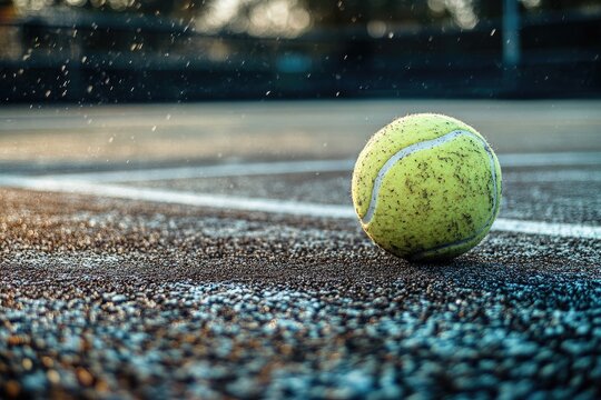 Tennis ball on court, wet and dusty - Powered by Adobe