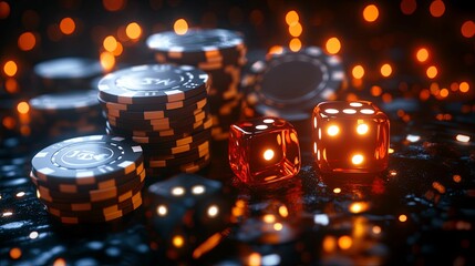 Stacked casino chips and dice in a dramatic gambling scene.
