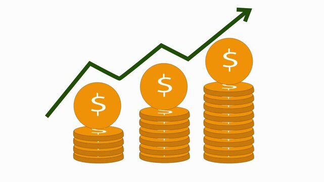 Growing columns and pile of money on white background. Money saving and economy concept animation.