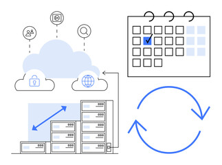 Cloud connecting servers with sync arrows, calendar suggesting scheduling, security lock, and global networking. Ideal for data management, backup, scheduling, planning, cloud security workflow