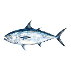 Fototapeta premium Tuna Fish Side View Marine Animal Isolated Hand Drawn Watercolor Painting Illustration