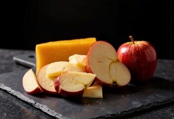Cheese and Apple Slices on Slate Board Against Dark Background