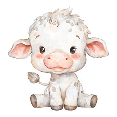 Fototapeta premium Adorable Baby Cow Sitting Cartoon Illustration Isolated Hand Drawn Watercolor Painting Illustration