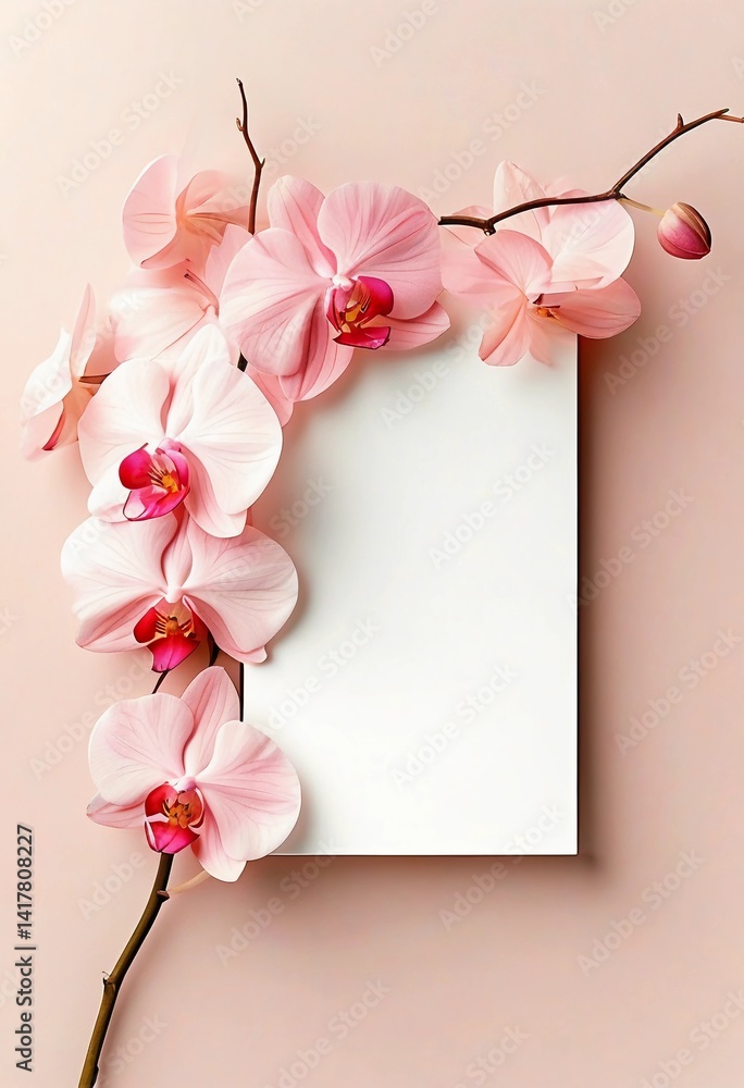Poster soft pink orchids intertwine with delicate branches, surrounding a blank canvas that invites artisti