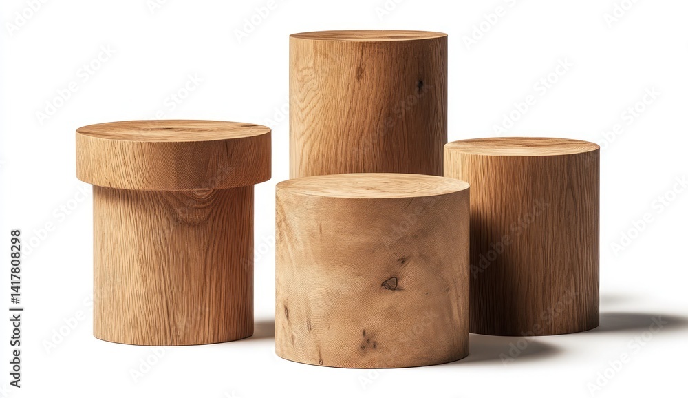 Aufkleber natural wooden cylinders and block shapes displaying unique textures and grain patterns on a light b