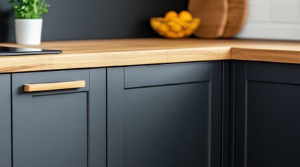Modern kitchen corner cabinetry with light wood countertop.