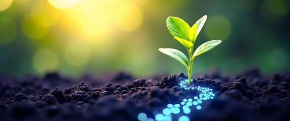 AI-driven mobile banking enhances financial inclusion and accessibility under urban social policy and regulation. Green Seedling Growing from Soil with Streams of Blue Binary Code