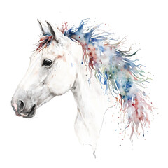 Graceful Horse Head with Colorful Mane Isolated Hand Drawn Watercolor Painting Illustration