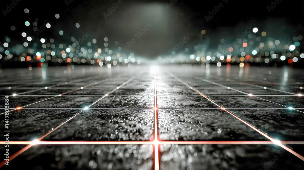 Poster wet tiled surface with glowing red grid lines and vibrant city bokeh lights in the background at nig
