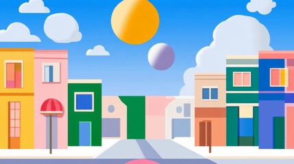 Fototapeta premium Colorful townscape with whimsical celestial orbs in a bright sky