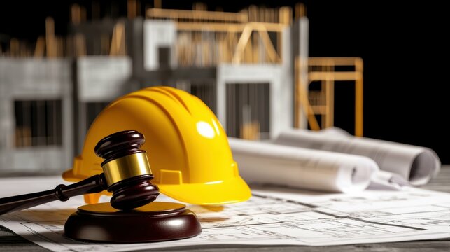 Construction legal matters architectural plans gavel building site plans court professional setting