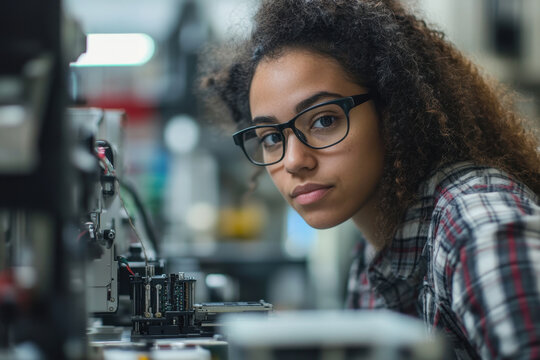 Woman in glasses operating machine in industrial setting.