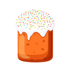 Easter cake in cartoon style.Vector illustration of a delicious Easter cake, dough with raisins, white glaze, colored sprinkles:red, yellow, blue, green, orange, isolated on a white background.Kulich.