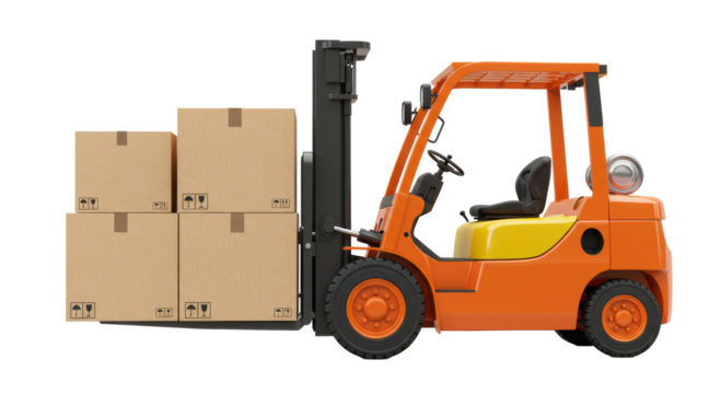 Isolated Forklift Lifting Cardboard Boxes for Transport and Logistics