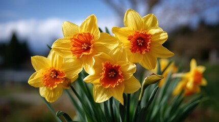 Fototapeta premium Cluster of bright yellow and orange daffodils in sunlight