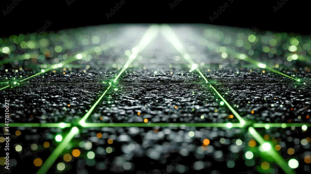 Poster glowing green laser lines forming a futuristic grid pattern on a wet, textured black ground with sof
