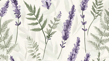Soft watercolor of herbal elements, featuring lavender and fern leaves in a seamless design