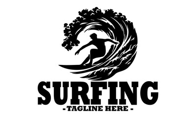 Dynamic black silhouette of a surfer riding a powerful, stylized ocean wave with splashing water details. Line art illustration of surfer, surfer logo design template and surfer vector illustration