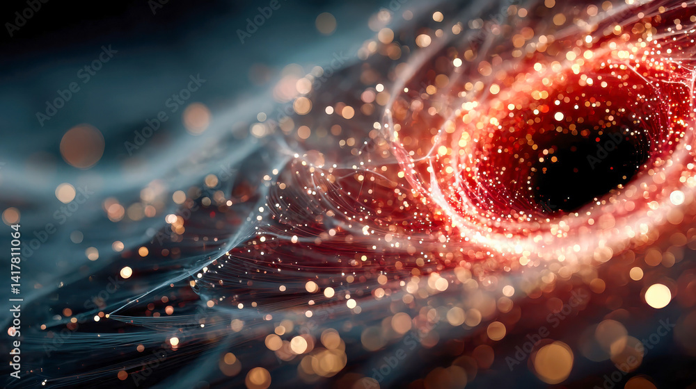 Poster glowing vortex of red light particles swirling in dark space, dynamic abstract motion effect