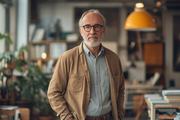 Obraz premium Man in brown jacket and glasses in office setting.