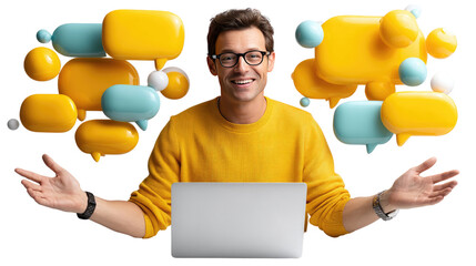 Open to Connections: A cheerful man in a yellow sweater, with a warm smile and open arms, embraces the power of online communication, surrounded by colorful chat bubbles.