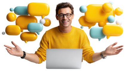 Open to Connections: A cheerful man in a yellow sweater, with a warm smile and open arms, embraces the power of online communication, surrounded by colorful chat bubbles.
