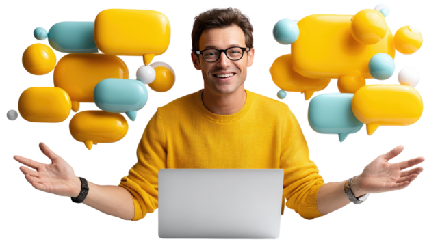 Open to Connections: A cheerful man in a yellow sweater, with a warm smile and open arms, embraces the power of online communication, surrounded by colorful chat bubbles.