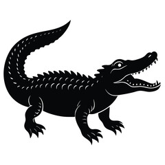 Crocodile vector silhouette with mouth open in calm resting pose on clean white background illustration