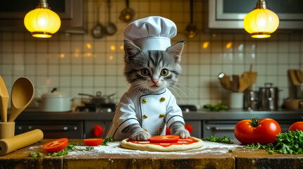 Adorable kitten in chef's uniform makes tomato pizza in the kitchen, AI, illustration, Generation.